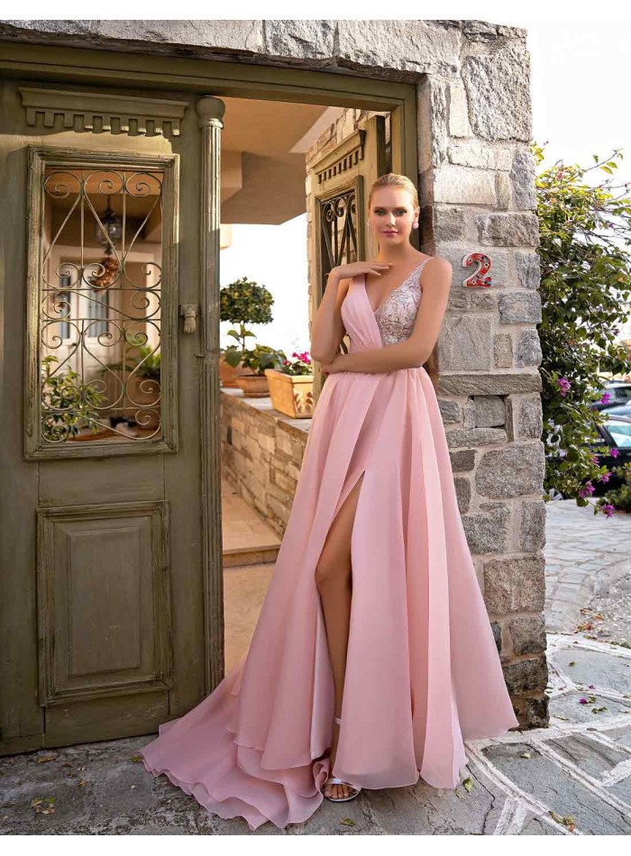 Long party dress with rhinestone bodice and voluminous skirt  pink colour
