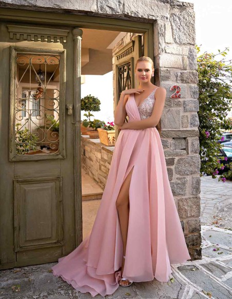 Long party dress with rhinestone bodice and voluminous skirt  pink colour