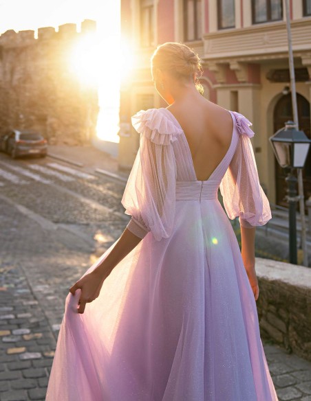 Midi party dress with puffed sleeves and decorative belt for guests