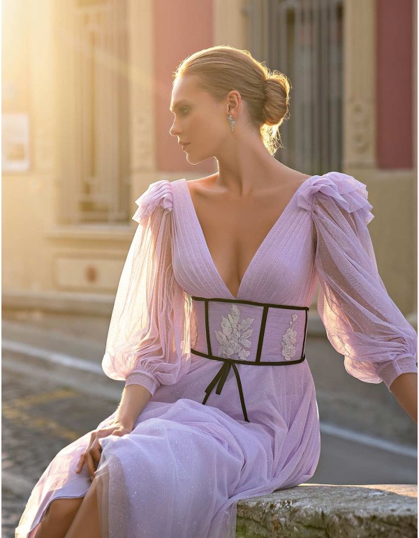 Midi party dress with puffed sleeves and decorative belt in purple