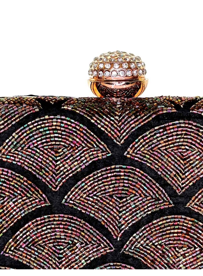 Black evening clutch bag with hand-embroidered rhinestones and jewellery clasp