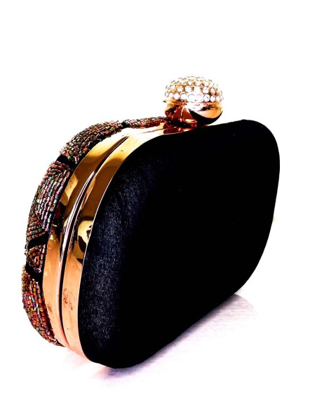 Black evening clutch bag with hand-embroidered rhinestones and jewellery clasp