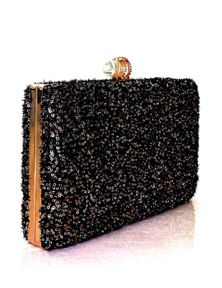 Evening clutch bag with metallic sequins and transparent closure