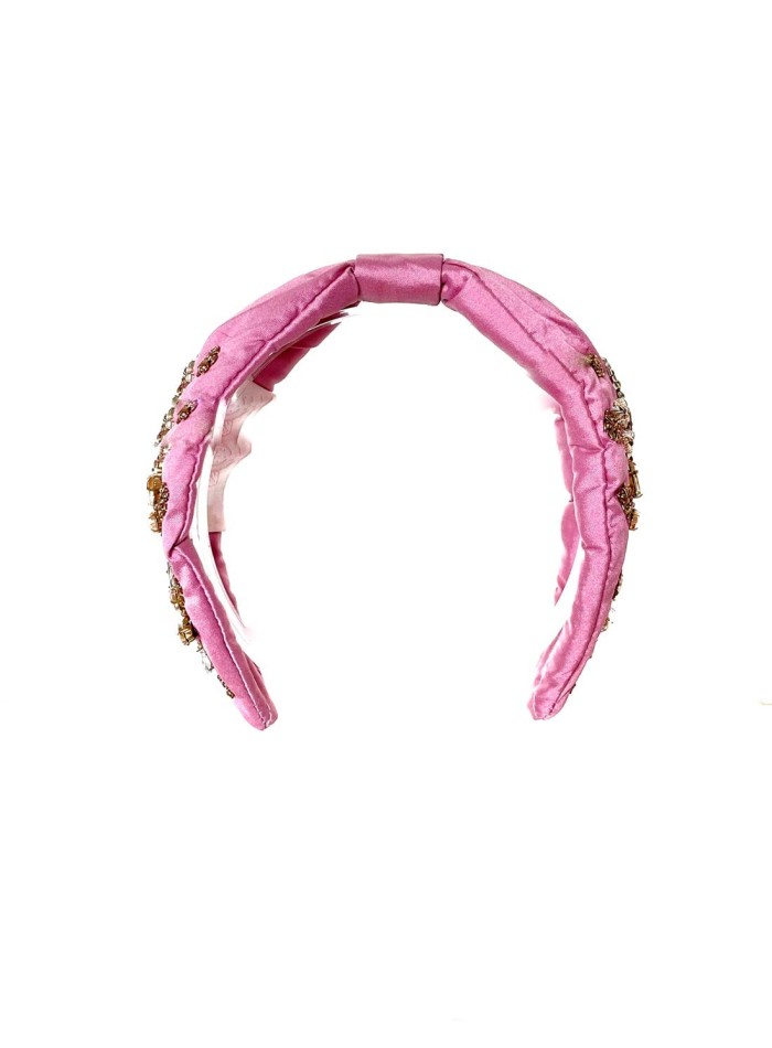 Diadema de invitada rosa con pedrería artesanal