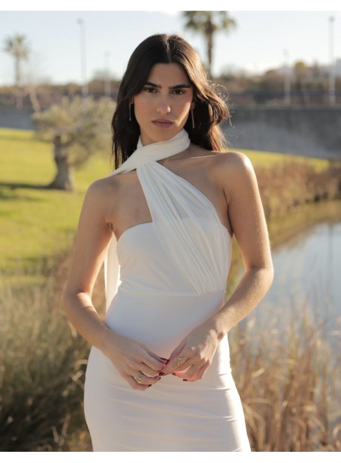 White midi dress with strapless neckline and neck scarf