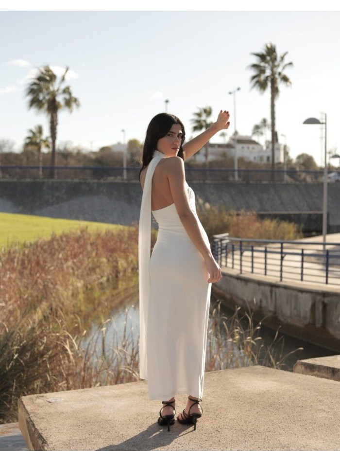 White midi dress with strapless neckline and...