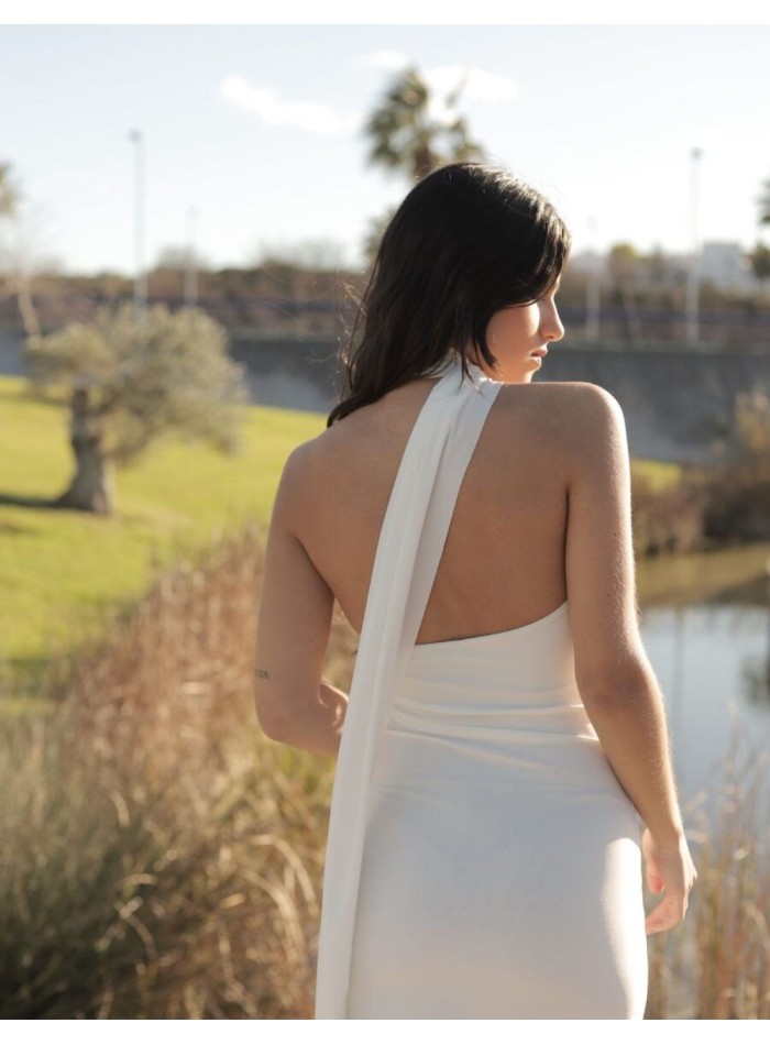 White midi dress with strapless neckline and...