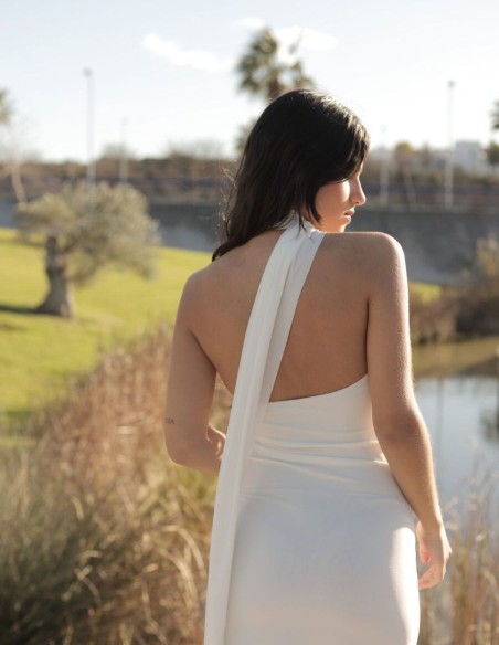 White midi dress with strapless neckline and neck scarf