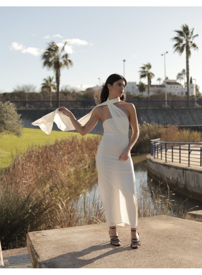 White midi dress with strapless neckline and...