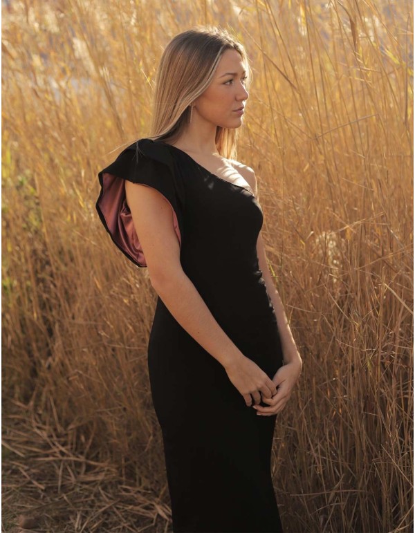 Long party dress with asymmetrical neckline and ruffles on the shoulder black