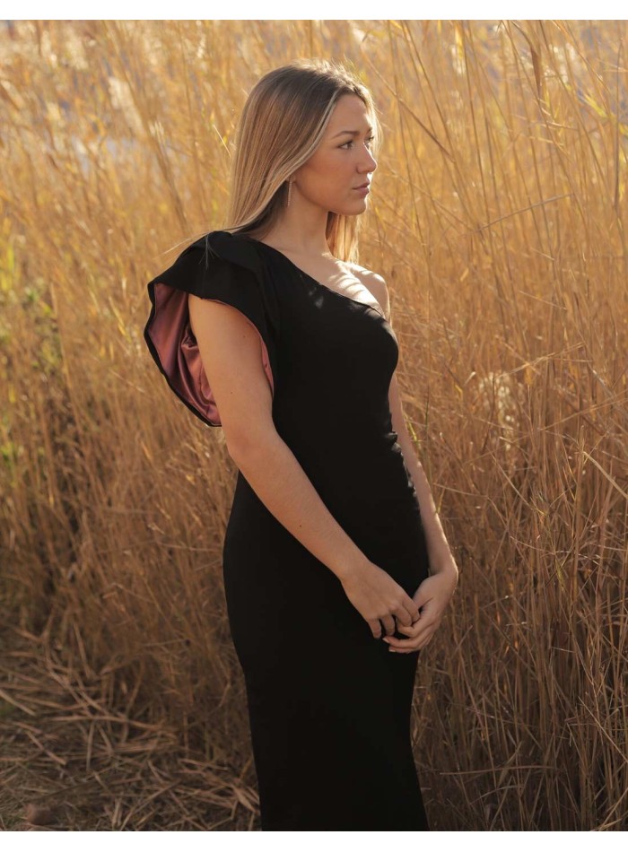 Long party dress with asymmetrical neckline and ruffles on the shoulder black
