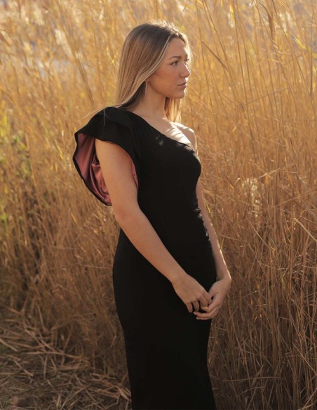 Long party dress with asymmetrical neckline and ruffles on the shoulder black