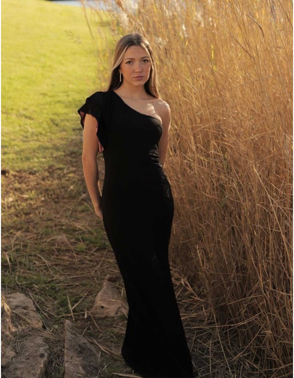 Long party dress with asymmetrical neckline and ruffles on the shoulder black 2