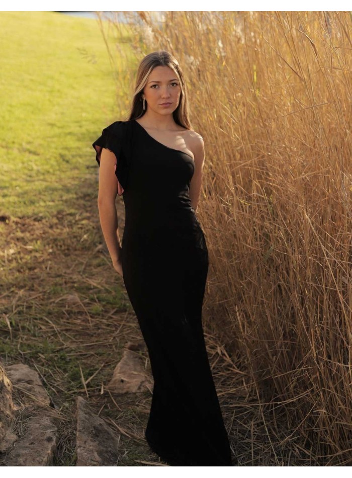 Long party dress with asymmetrical neckline and ruffles on the shoulder