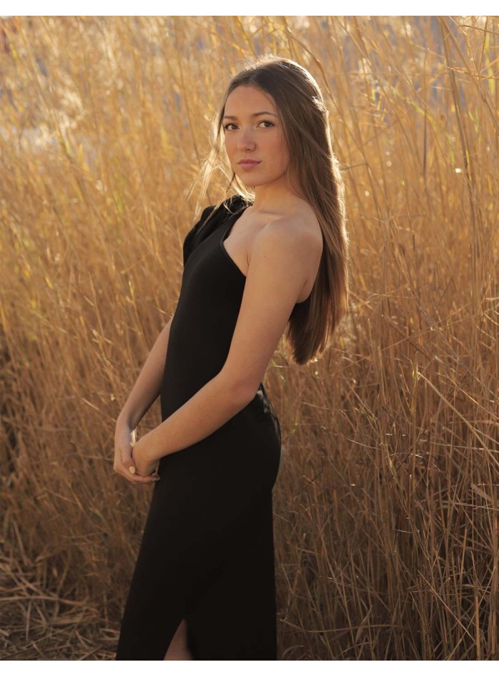 Long party dress with asymmetrical neckline and...