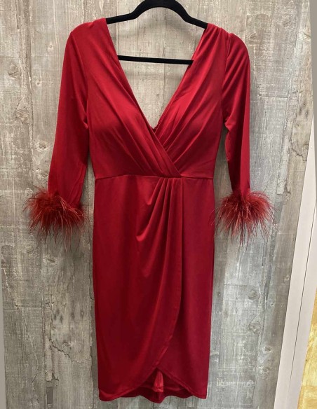 Vestido de cóctel con manga francesa y plumas para fiesta