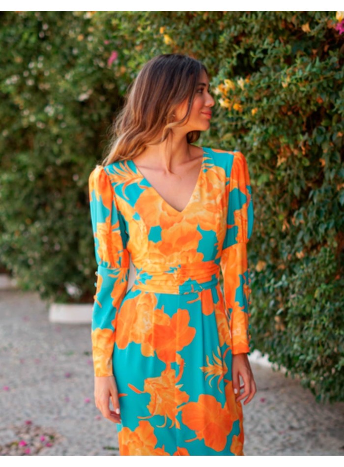 Vibrant printed midi evening dress