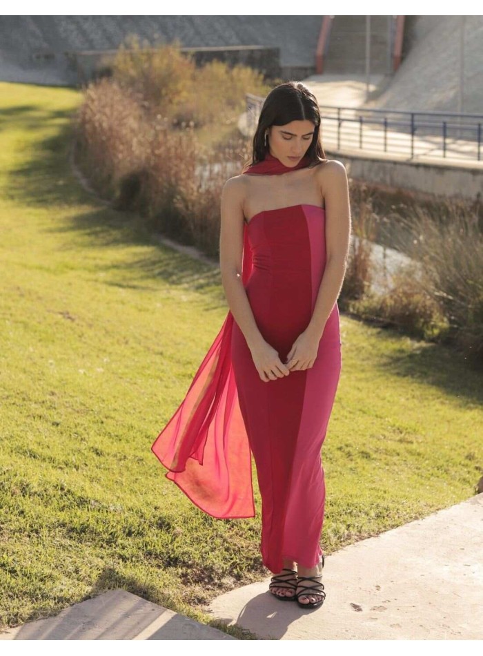 Vestido midi magenta tricolor escote palabra de honor