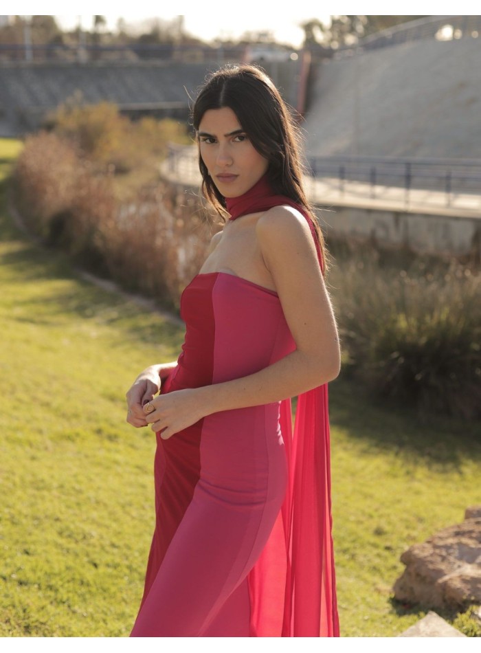 Vestido midi magenta tricolor escote palabra de...