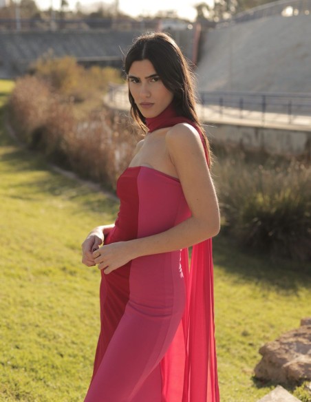 Vestido midi magenta tricolor escote palabra de honor