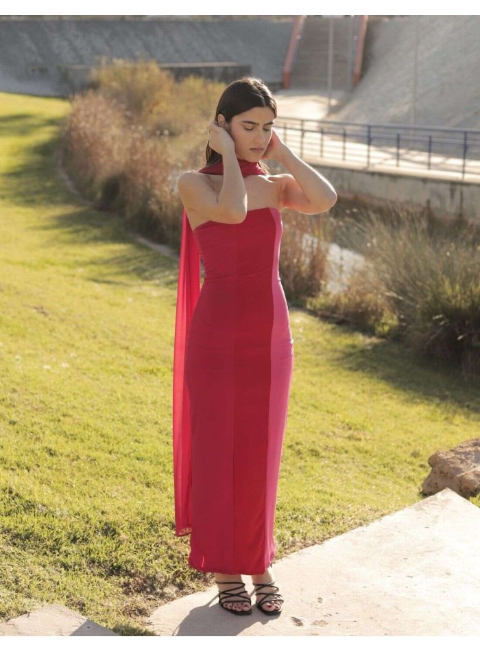 Vestido midi magenta tricolor escote palabra de...