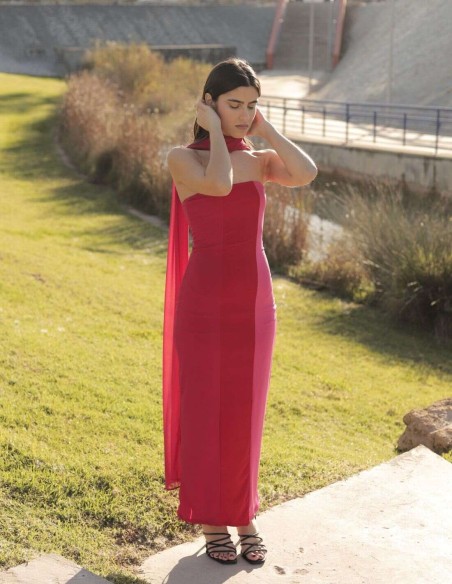 Magenta tricolor midi dress with strapless neckline