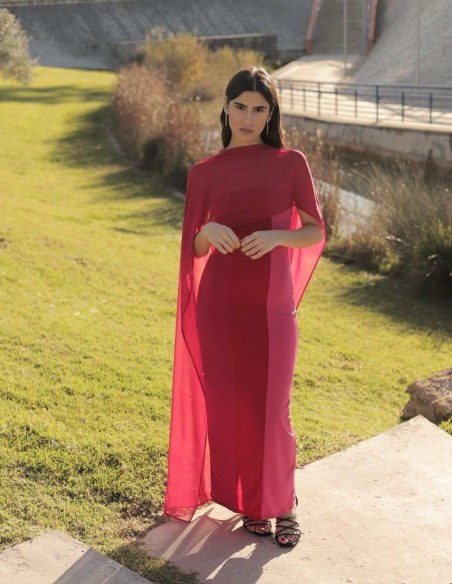 Magenta tricolor midi dress with strapless neckline
