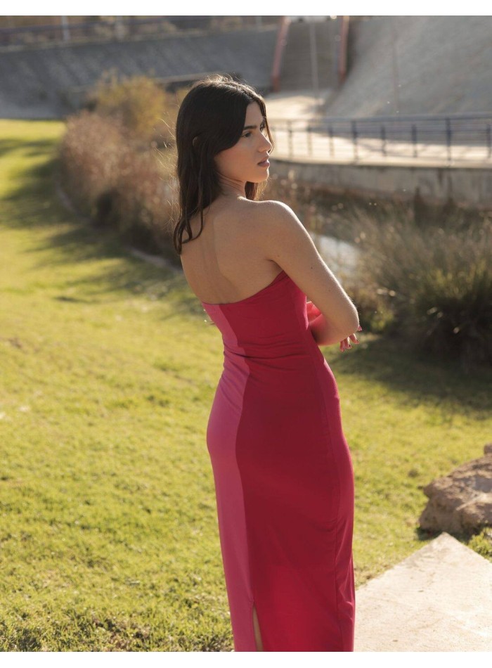 Robe midi tricolore magenta avec encolure sans...