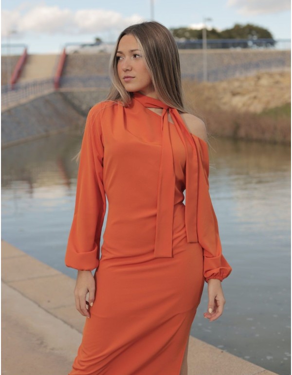 Orange cocktail dress with asymmetric neckline and long...