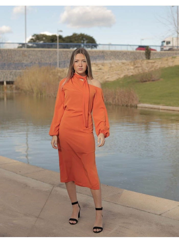 Orange cocktail dress with asymmetric neckline...