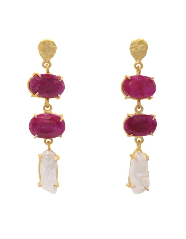 Pendientes largos de piedras naturales rubí y blancos