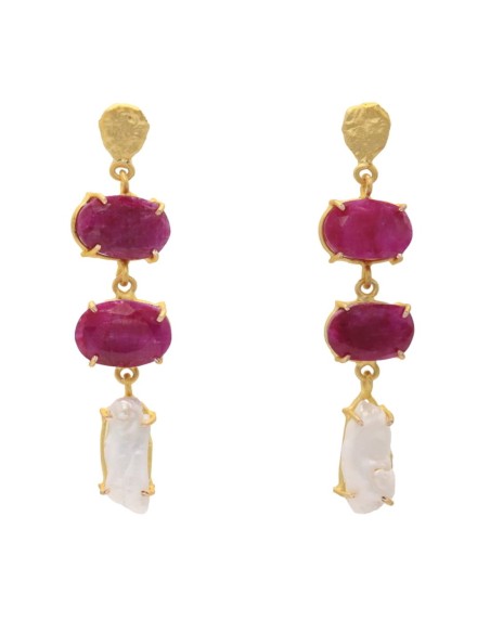 Pendientes largos de piedras naturales rubí y blancos