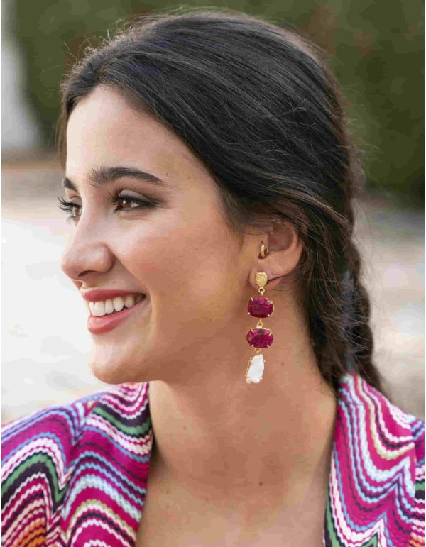Long earrings with natural ruby and white stones 2