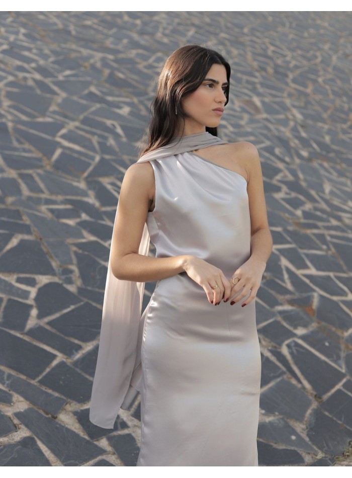 Satin silver midi party dress with asymmetric...