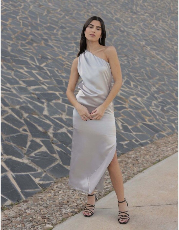 Satin silver midi party dress with asymmetric neckline 2