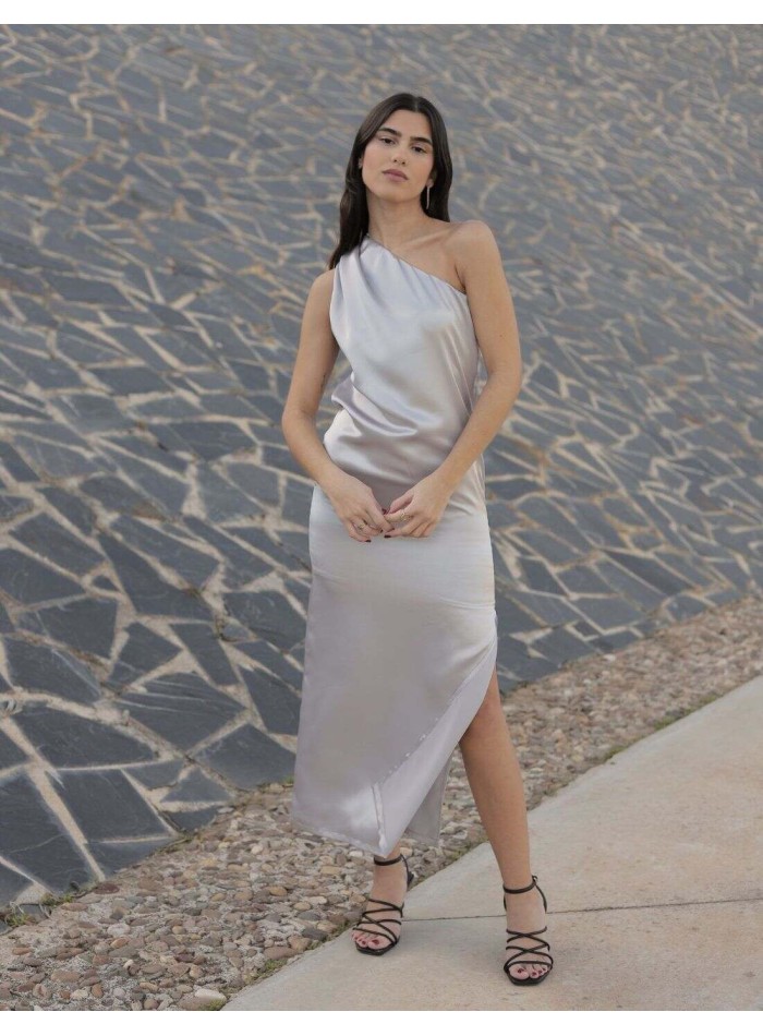 Satin silver midi party dress with asymmetric...