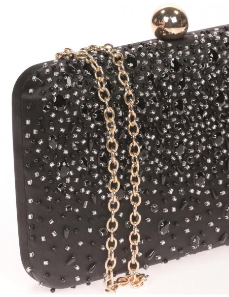 Satin clutch bag with sewn rhinestones
