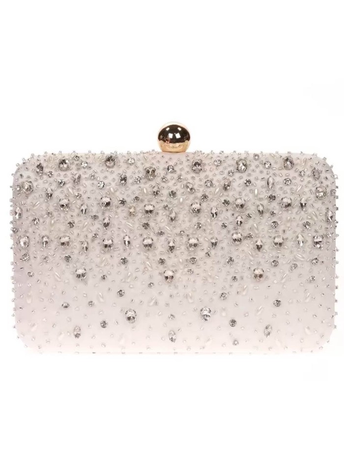 Satin clutch bag with sewn rhinestones