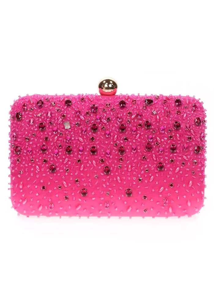 Satin clutch bag with sewn rhinestones