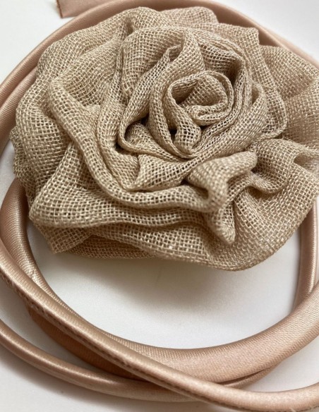 Beige party choker with flower decoration and adjustable bias binding