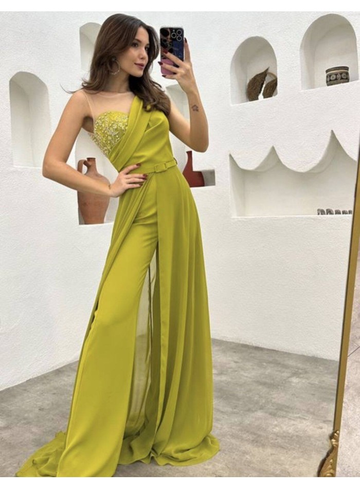 Party jumpsuit with cape and asymmetrical neckline with rhinestones