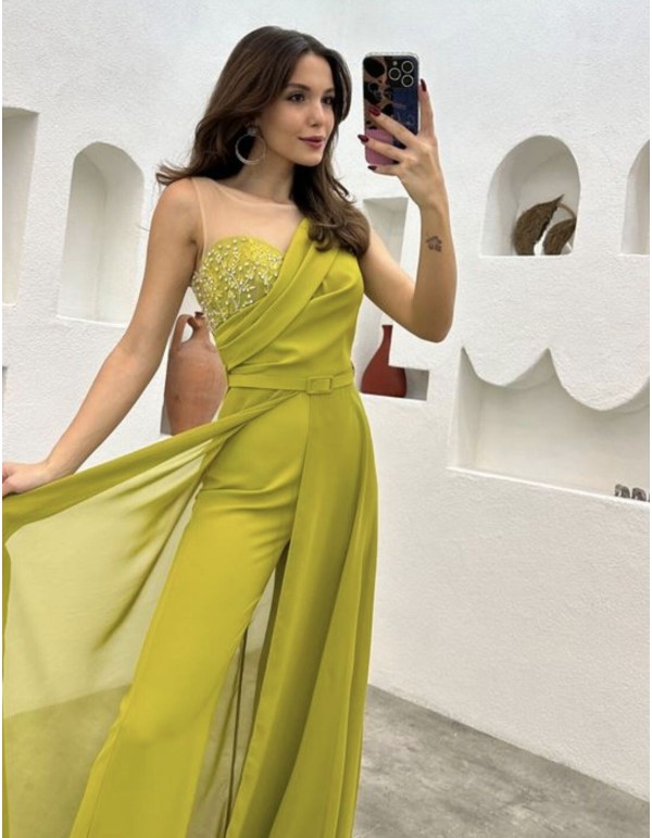 Party jumpsuit with cape and asymmetrical neckline with...