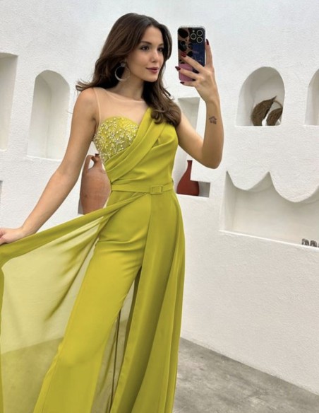 Party jumpsuit with cape and asymmetrical neckline with rhinestones