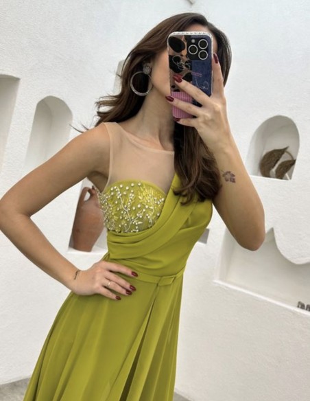 Party jumpsuit with cape and asymmetrical neckline with rhinestones