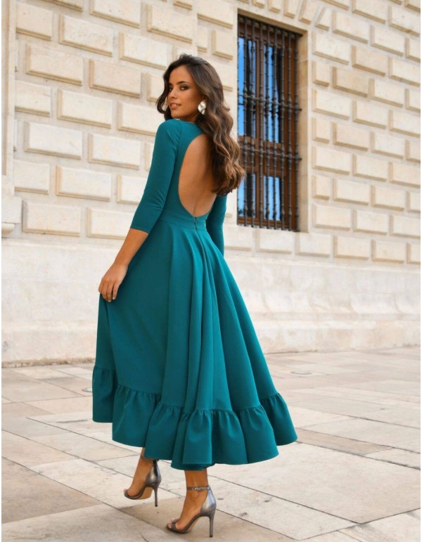 Vestido midi de fiesta verde turquesa con volante en la...