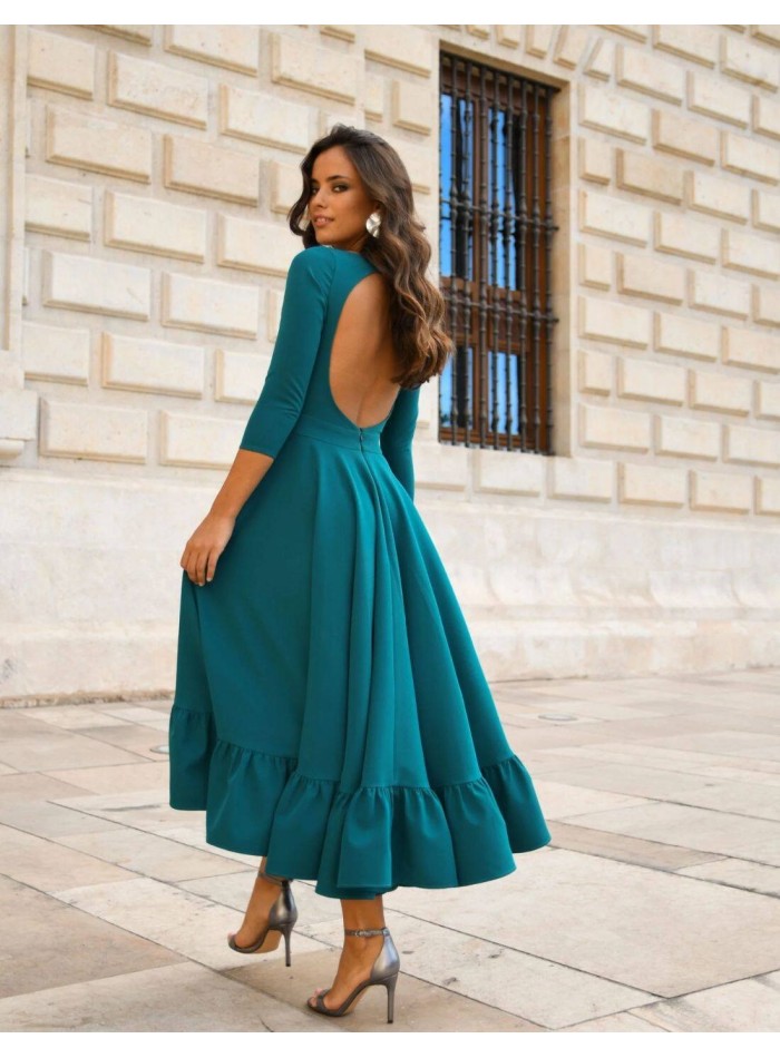 Vestido midi de fiesta verde turquesa con volante en la falda