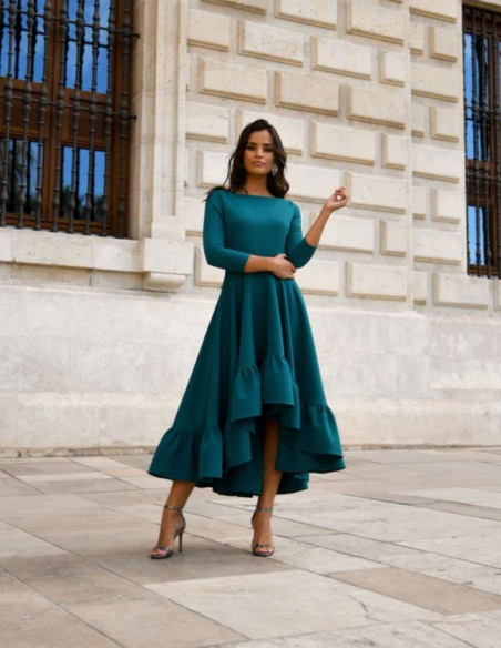 Robe de soirée midi vert turquoise avec jupe à volants