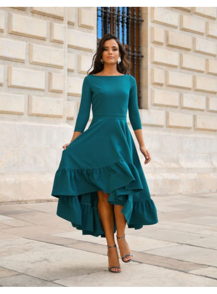 Turquoise green midi party dress with ruffle on...