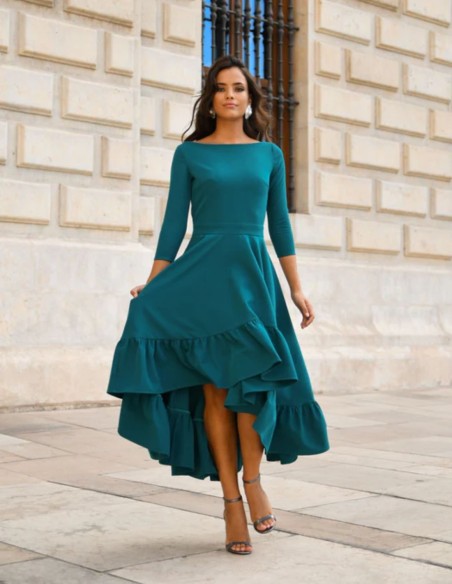 Robe de soirée midi vert turquoise avec jupe à volants