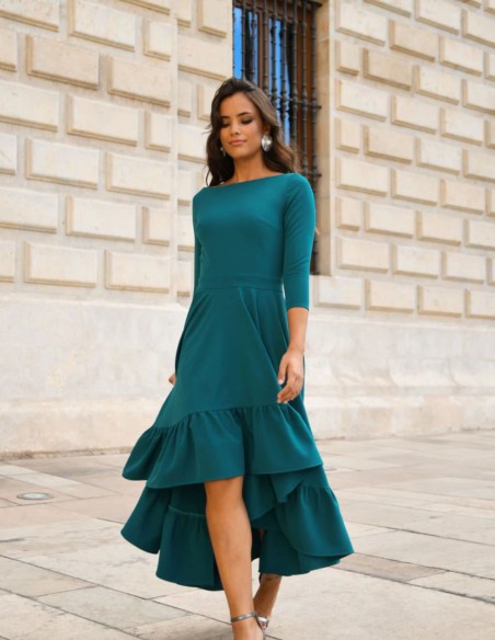 Turquoise green midi party dress with ruffle on the skirt
